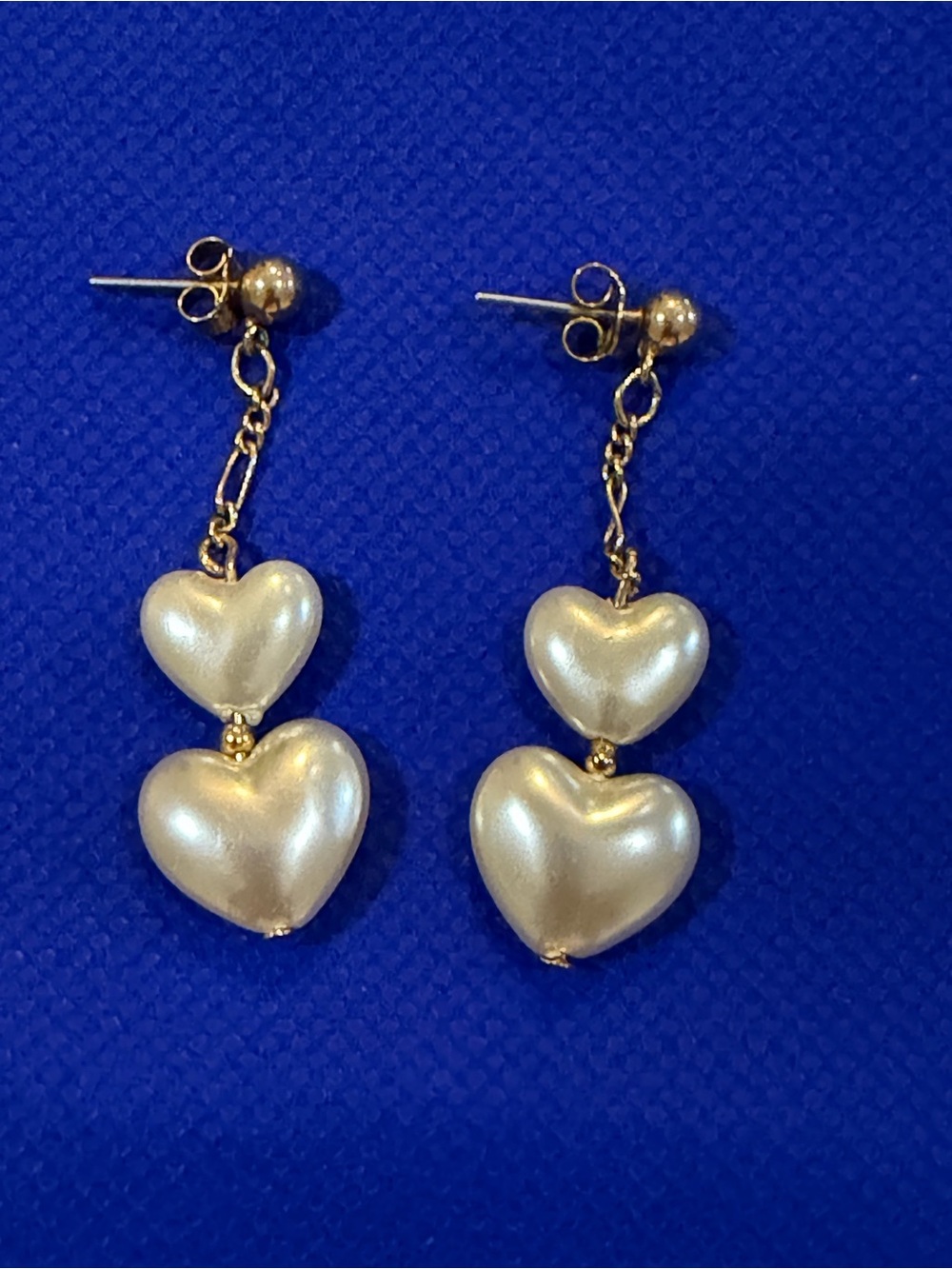 Pearlized Double Heart Drop Earrings - Gold Tone